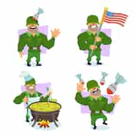 Vector gratuito conjunto de divertidos dibujos animados soldado cocinando en una fogata sosteniendo la bandera de estados unidos recibiendo un disparo en la cabeza