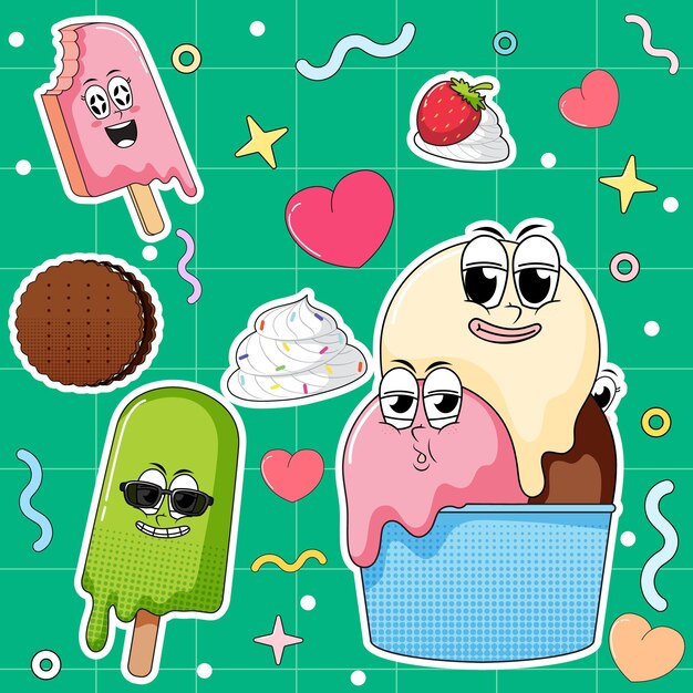 Conjunto de divertidos personajes de comida y postre.