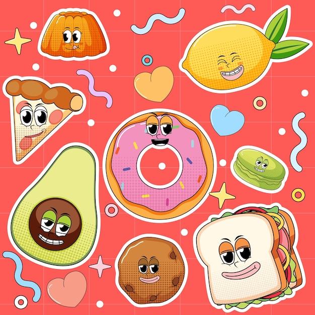 Vector gratuito conjunto de divertidos personajes de comida y postre.