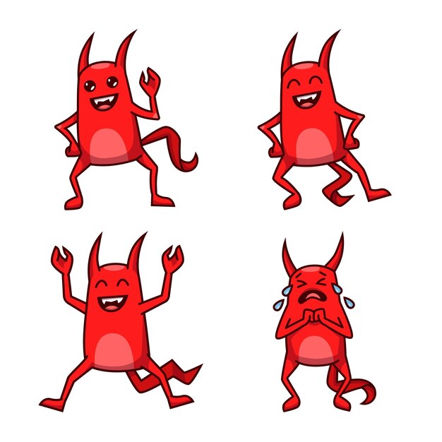 Conjunto de divertidos personajes de diablo rojo de dibujos animados con cuernos y cola riendo y llorando con los ojos cerrados