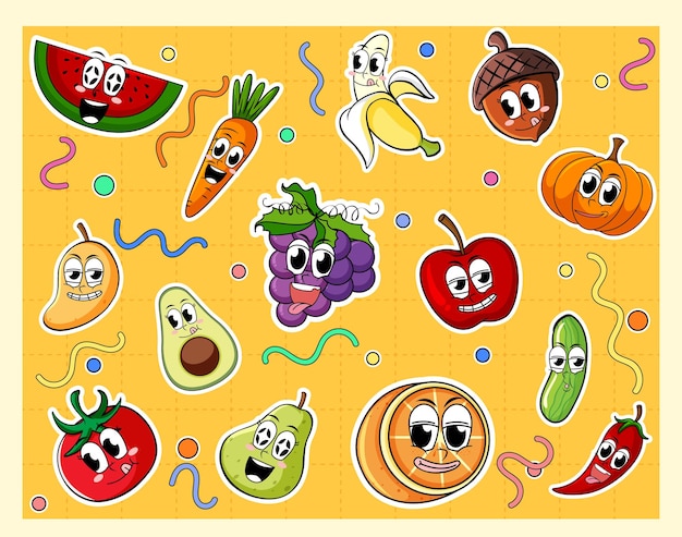 Conjunto de divertidos personajes de dibujos animados de frutas