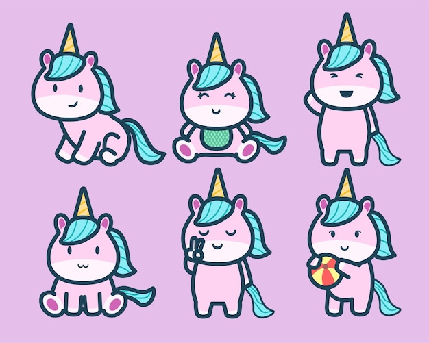 Conjunto de divertidos personajes de unicornio con diferentes emociones vector de dibujos animados