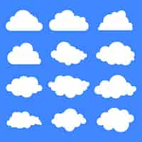 Vector gratuito conjunto de doce diferentes nubes sobre fondo azul.
