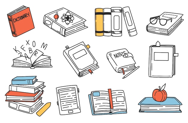 Vector gratuito conjunto de doodle de libros dibujados a mano