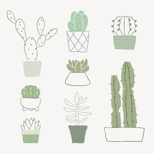 Conjunto de doodle de vector de cactus de planta de interior