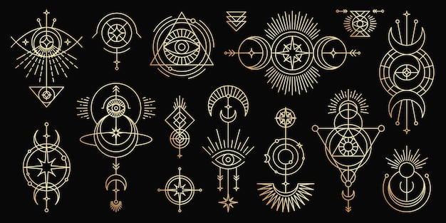 Conjunto dorado de símbolos mágicos místicos. objetos de línea de ocultismo espiritual estilo minimalista de moda. Vector Premium 