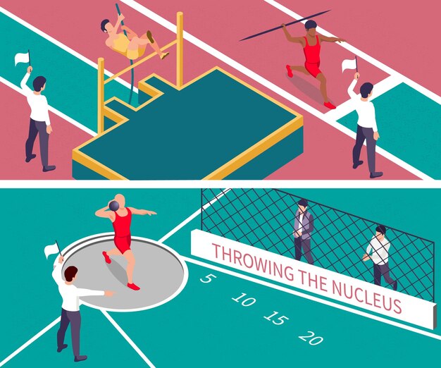 Conjunto de dos banners horizontales isométricos de atletismo deportivo aislado con vistas a las pistas del estadio y la ilustración vectorial de los atletas