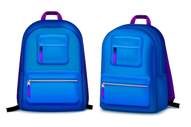 Conjunto con dos mochilas escolares imágenes realistas con sombras sobre fondo blanco y bolsas universitarias azules ilustración vectorial