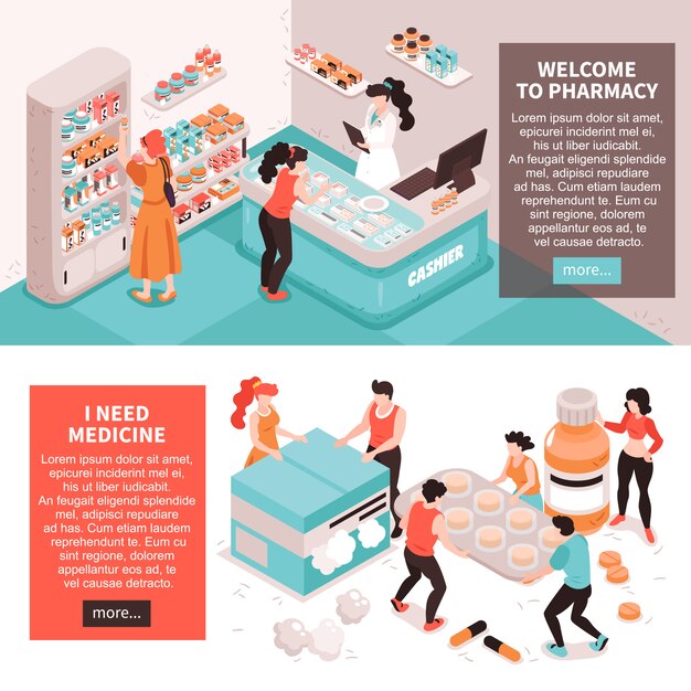Conjunto de dos pancartas horizontales de farmacia con imágenes conceptuales de personajes humanos de medicamentos con más ilustración de botón