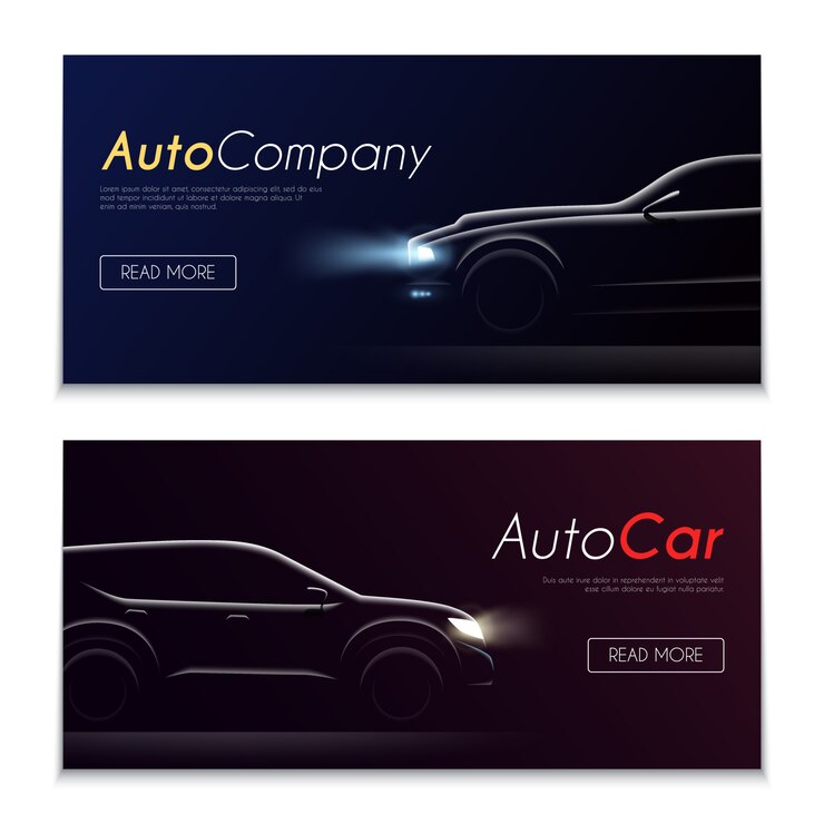 Vector gratuito conjunto de dos pancartas oscuras horizontales de perfil realista de coche con botones editables texto e imágenes de automóviles ilustración vectorial