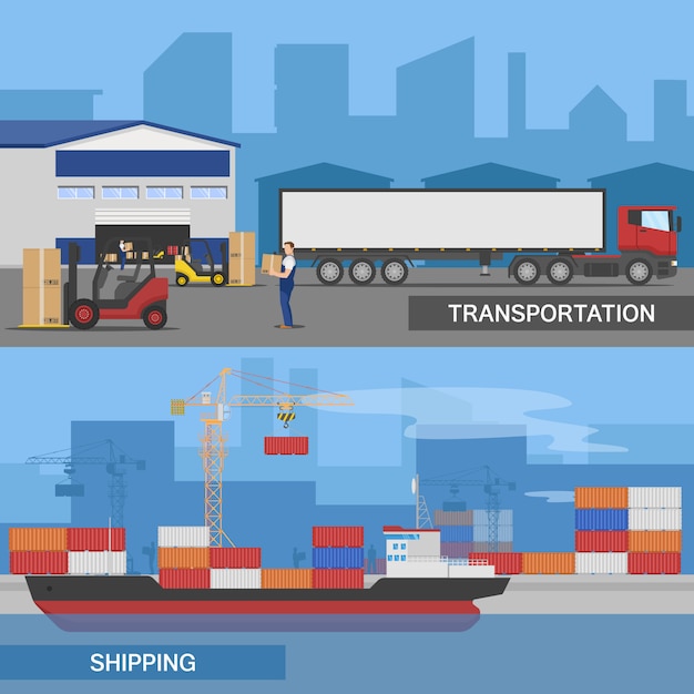 Conjunto de dos panorámicas logísticas planas horizontales con descripciones de transporte y envío