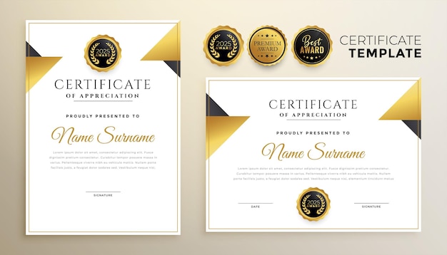 Conjunto de dos plantillas de certificado dorado moderno
