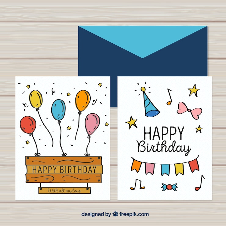 Vector gratuito conjunto de dos tarjetas de cumpleaños dibujadas a mano
