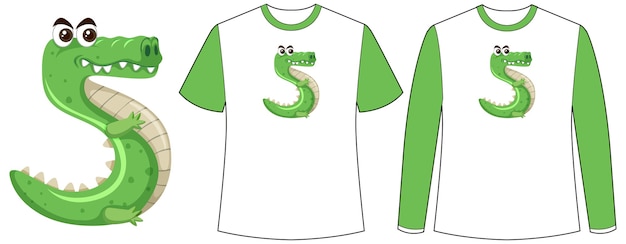 Conjunto de dos tipos de camisa con cocodrilo en la pantalla de forma número cinco en camisetas