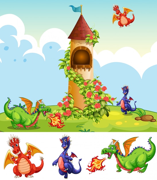 Conjunto de dragones en el paisaje del castillo