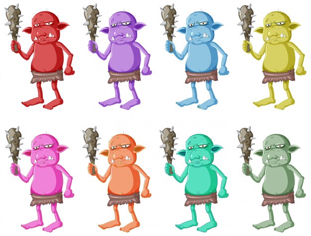 Conjunto de duende colorido o troll con herramienta de caza con cara enojada en personaje de dibujos animados aislado
