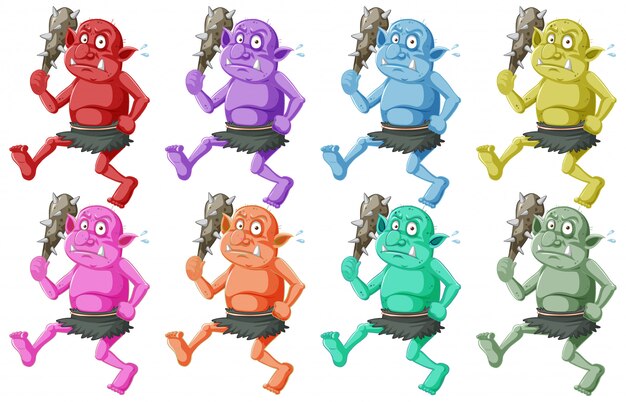Conjunto de duende colorido o troll con herramienta de caza en personaje de dibujos animados aislado