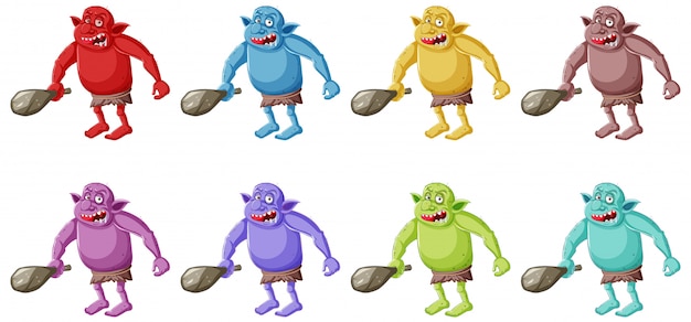 Vector gratuito conjunto de duende colorido o troll con herramienta de caza en personaje de dibujos animados