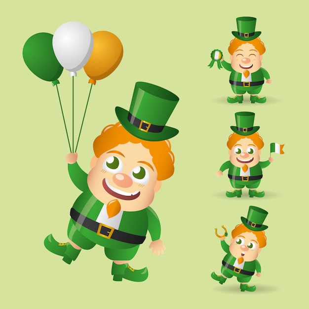 Conjunto de duende irlandés feliz con globos, una bandera de Irlanda.