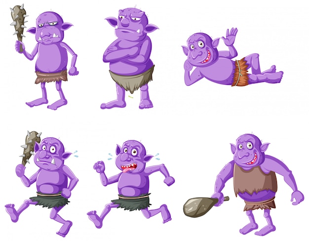 Vector gratuito conjunto de duende morado o troll en diferentes poses en personaje de dibujos animados