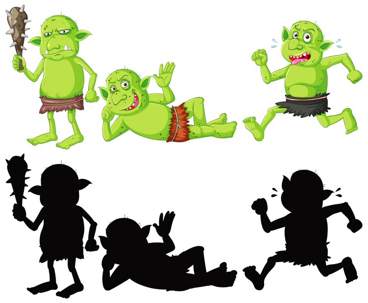 Vector gratuito conjunto de duende o troll en color y silueta en personaje de dibujos animados sobre fondo blanco