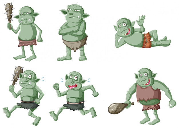 Conjunto de duende verde oscuro o troll en diferentes poses en personaje de dibujos animados aislado