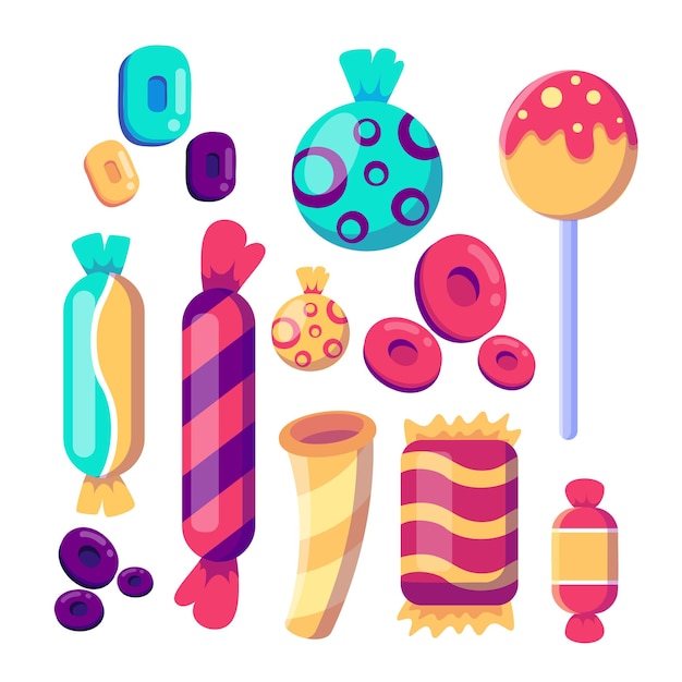 Conjunto de dulces caramelos duros y barra de caramelo piruleta menta ilustración vectorial