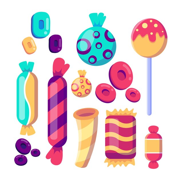 Conjunto de dulces caramelos duros y barra de caramelo piruleta menta ilustración vectorial