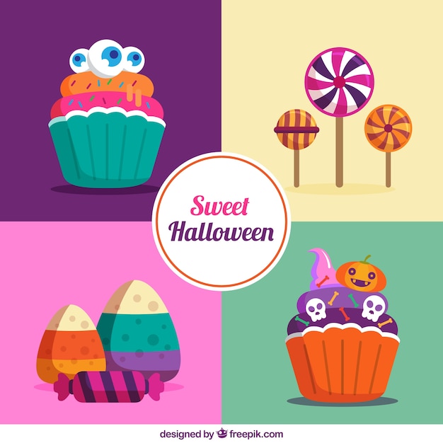 Vector gratuito conjunto de dulces de halloween en estilo plano