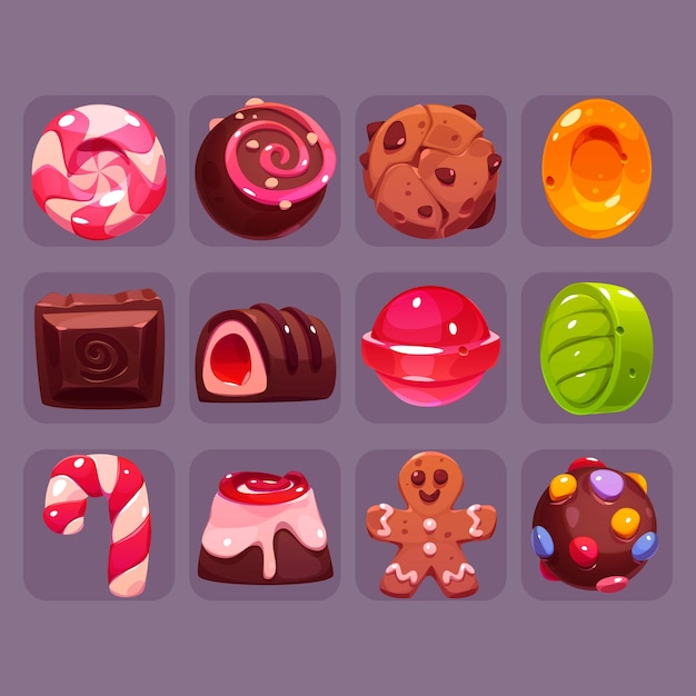 Conjunto de dulces de interfaz de usuario de vector de dibujos animados de iconos de juego de caramelo
