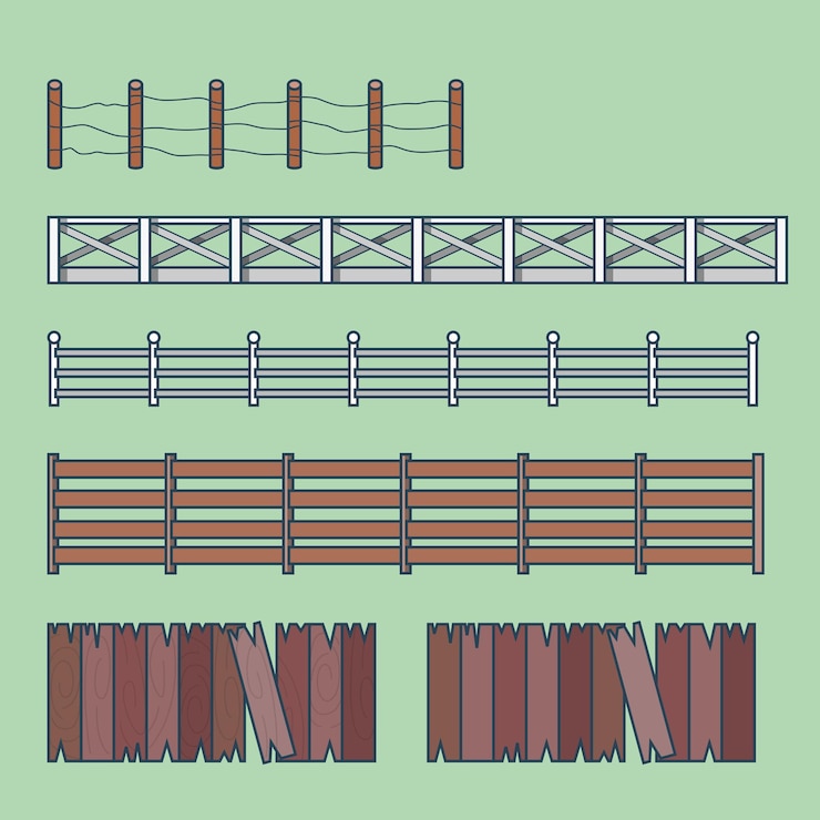 Vector gratuito conjunto de edificio de arquitectura de elemento de cercado de valla de campo de granja. iconos de contorno de trazo lineal.