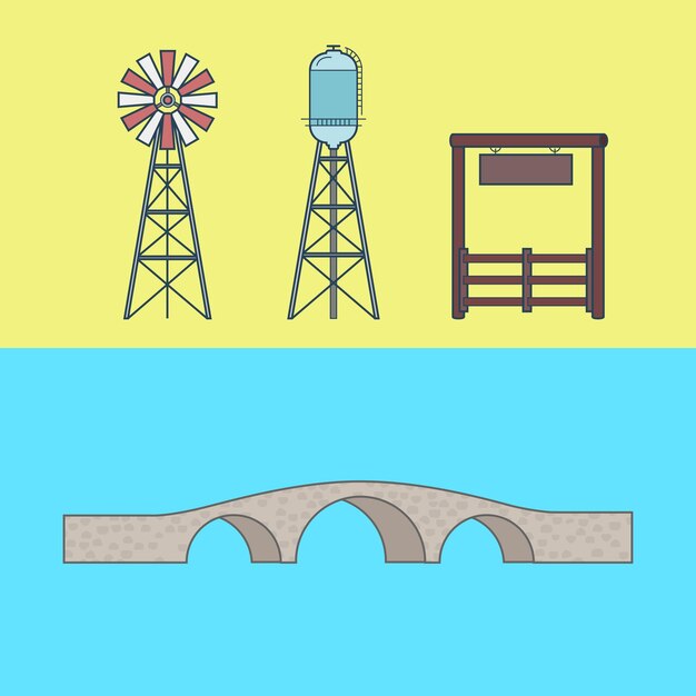 Conjunto de edificio de arquitectura de elemento de puente de torre de agua de campo de entrada de rancho de granja.