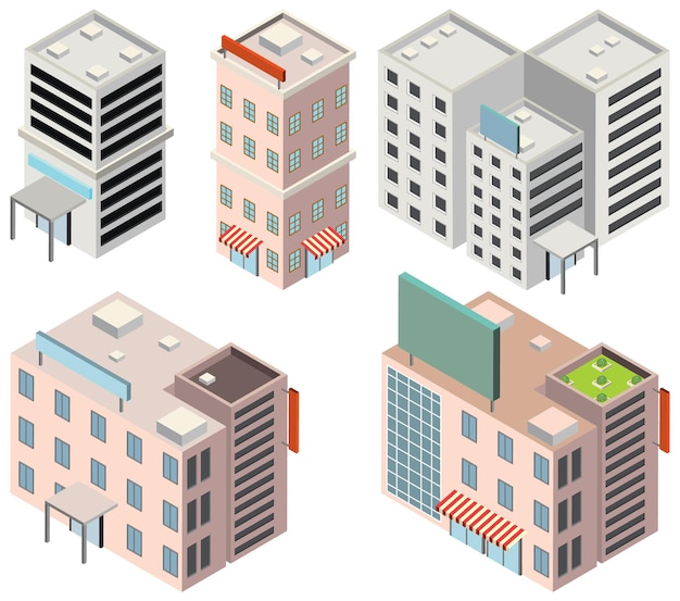 Conjunto de edificios y casas isométricas