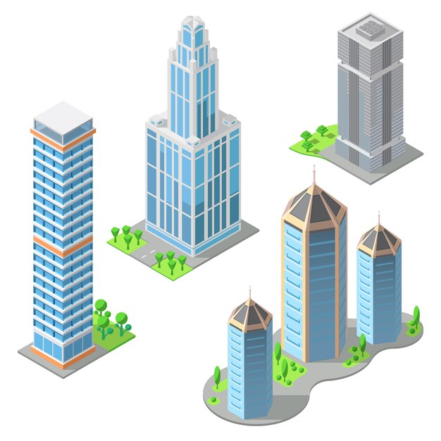 conjunto de edificios modernos isométricos en estilo de dibujos animados. Rascacielos urbanos, exterior de la ciudad