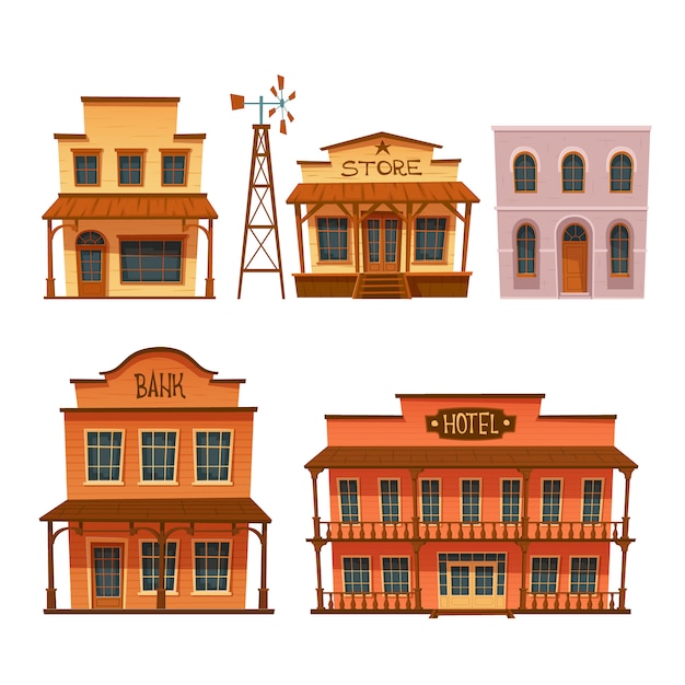 Conjunto de edificios del salvaje oeste, diseño de estilo vaquero.