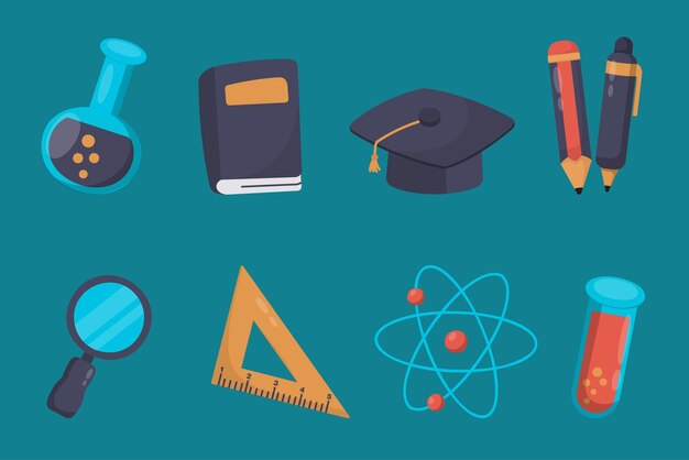 Conjunto de educación sobre iconos planos integrados Colección de signos de conocimiento escolar colorido Ilustración vectorial