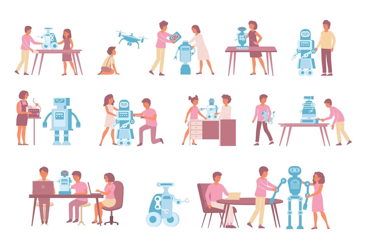 Vector gratuito conjunto educativo de robots de iconos planos aislados y personajes humanos que interactúan con ayudantes de robots robots de juguete ilustración vectorial