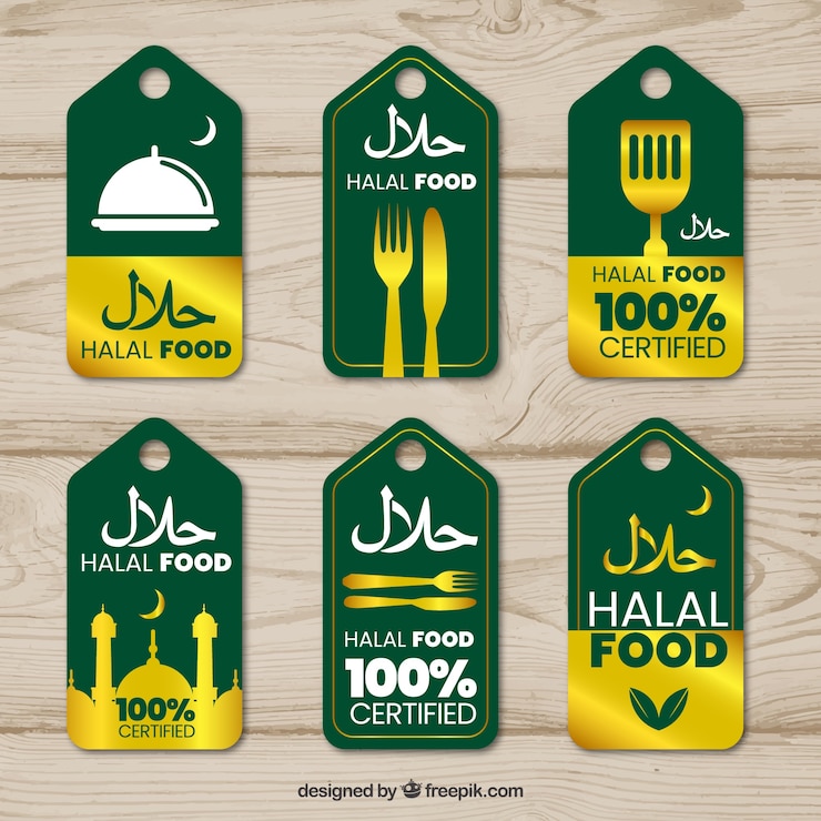 Vector gratuito conjunto elegante de etiquetas de comida halal con estilo dorado