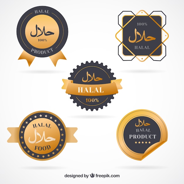 Vector gratuito conjunto elegante de etiquetas de comida halal con estilo dorado