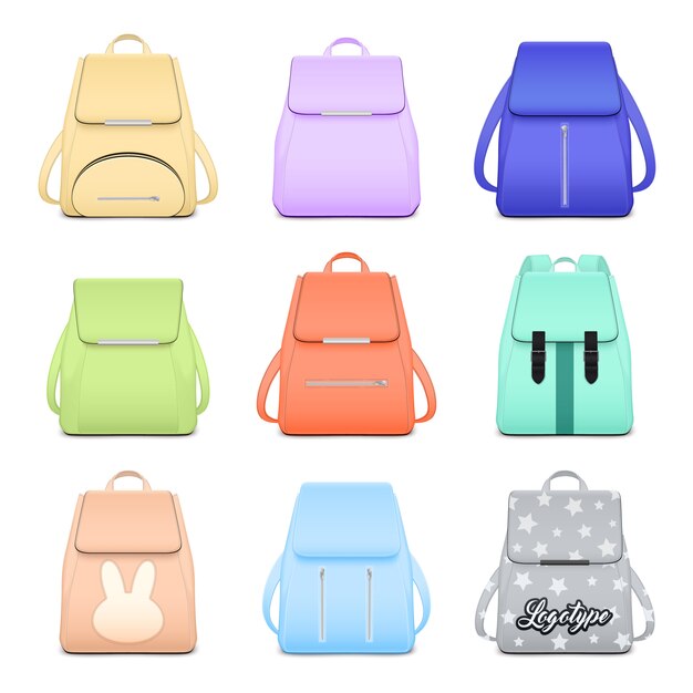 Conjunto elegante de mochila escolar realista con nueve imágenes aisladas de elegantes mochilas para niñas ilustración vectorial