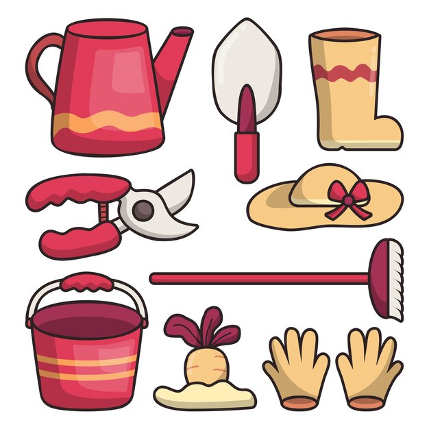 Conjunto de elemento de objeto con equipo de jardín o granja sombrero botas guantes regadera y otro en estilo de dibujos animados aislado sobre fondo blanco