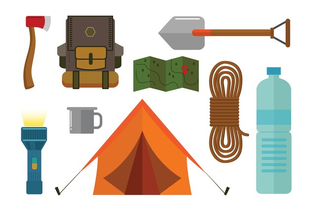 Conjunto de elemento de objeto en vector de dibujos animados de vacaciones de camping