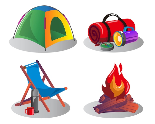 Conjunto de elemento de objeto en vector de dibujos animados de vacaciones de camping
