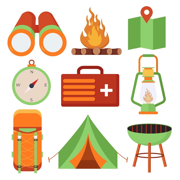 Conjunto de elemento de objeto en vector de dibujos animados de vacaciones de camping