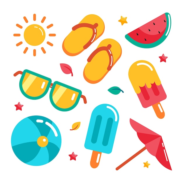 Conjunto de elemento de objeto en vector de dibujos animados de vacaciones de verano