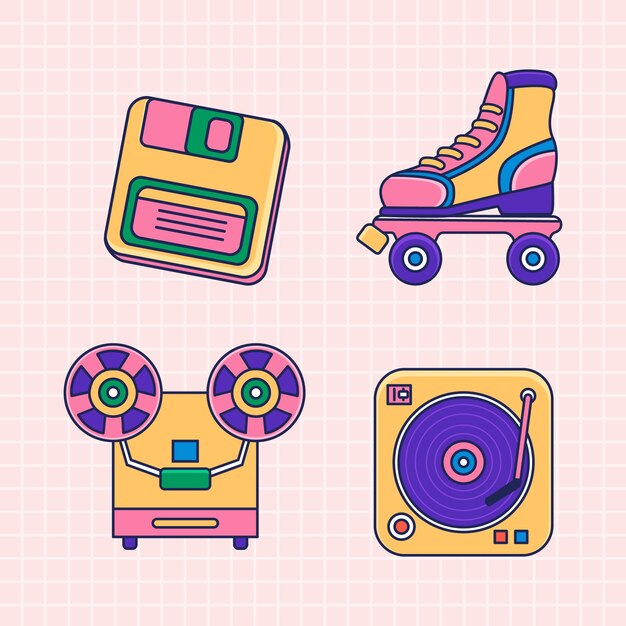 Conjunto de elementos de los 90 dibujados a mano