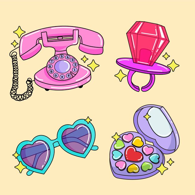 Conjunto de elementos de los 90 dibujados a mano