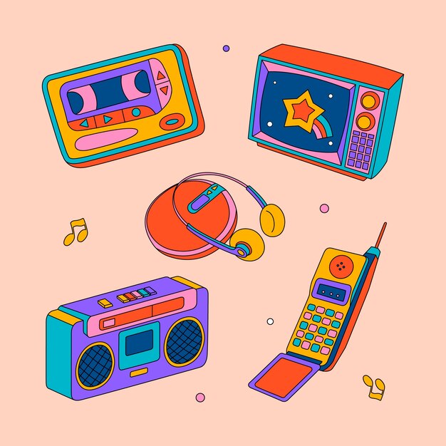 Conjunto de elementos de los 90 dibujados a mano