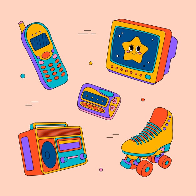 Conjunto de elementos de los 90 dibujados a mano