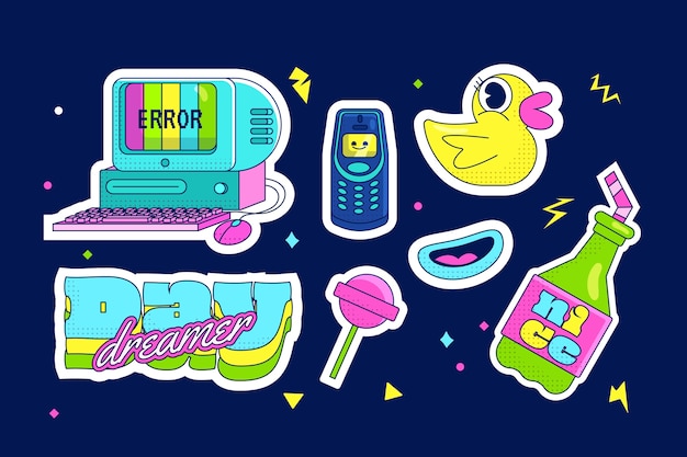 Conjunto de elementos de los 90 dibujados a mano